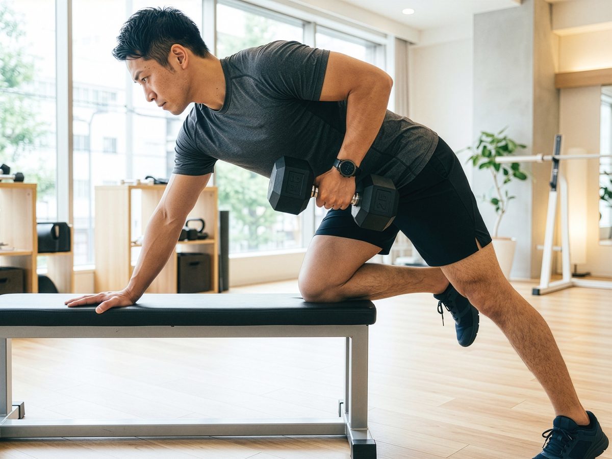 自宅でダンベルトレーニングをする男性