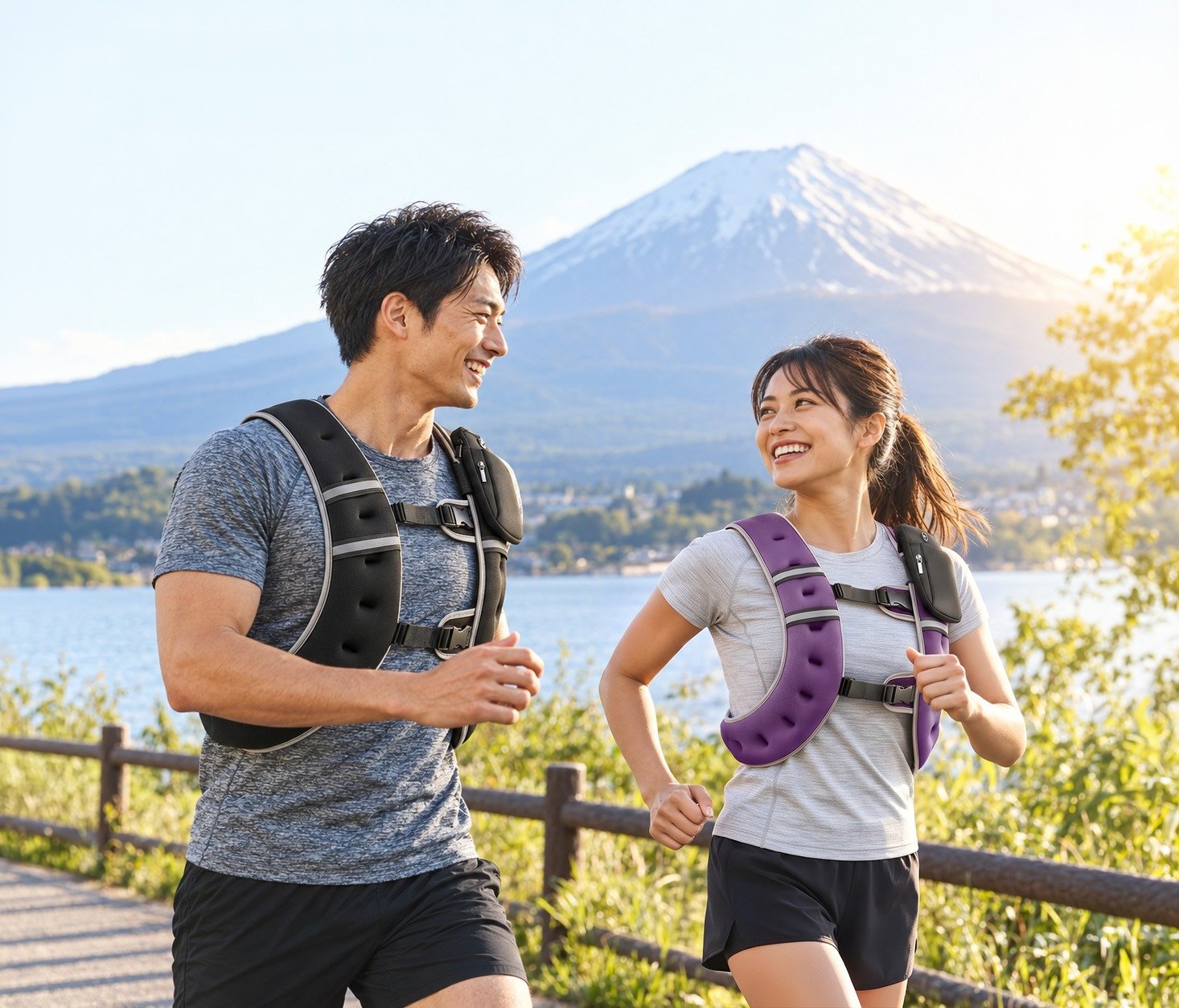 富士山を背景にウエイトベストを着けてランニングする二人